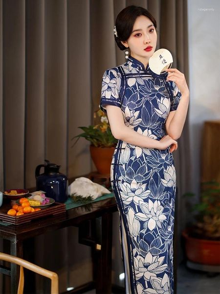 Ropa étnica Yourqipao Verano Seda Azul Cheongsam Pasarela Banquete Retro Elegante Qipao Chino Estilo tradicional Vestido de noche para mujeres