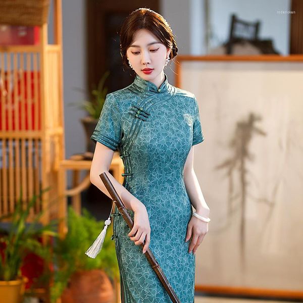 Vêtements ethniques Yourqipao été soie Satin vert longue Cheongsam mode élégant doux Qipao traditionnel chinois robe de soirée pour les femmes