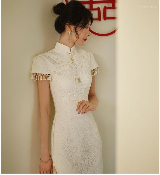 Vêtements ethniques Yourqipao blanc Cheongsam robe de mariée fiançailles chinoise porte arrière mariée toast robes de soirée bal fête Hanfu robes