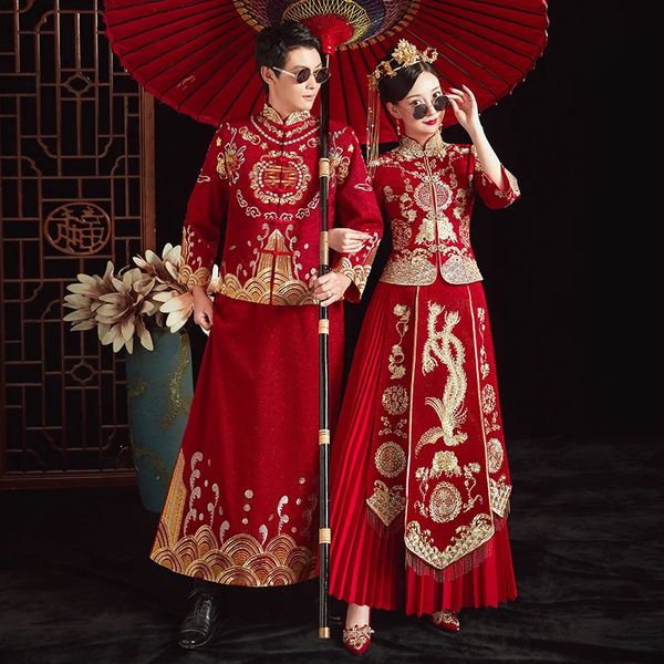 Vêtements ethniques Yourqipao Xiuhe Robe de mariée chinoise Dragon Phoenix Robes de mariée Chine Hanfu Traditionnel Custume Couples pour femmes Hommes Ensembles 231212