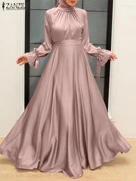 Etnische Kleding ZANZEA 2024 Lente Vrouwen Lange Mouw Effen Satijnen Zonnejurk Gewaad Femme Moslim Maxi Jurk Dubai Turkije Abaya Hijab Ramadan