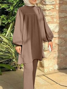 Etnische kleding zanzea 2pcs moslim dames met lange mouwen shirt pants set voor eid al fitr mubarek mode islamitische kleding set Dubai Turkiye match set 230520