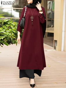 Etnische kleding zanzea 2pcs vintage vrouw moslim pak lange mouw o nek stevige blouse en losse broek vrouwelijke mode elegante vakantieset 221007