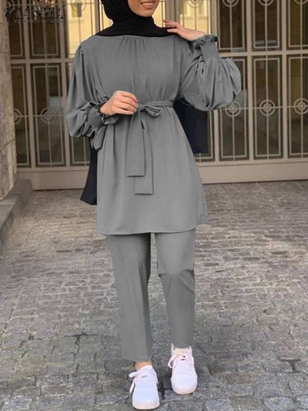 Vêtements Ethniques ZANZEA 2PCS Femmes À Manches Longues Blouse Pantalon Ensembles Élégant Casual Dubaï Tenues Islamique Vêtements Solide Survêtement Urbain Musulman Ensembles 230328