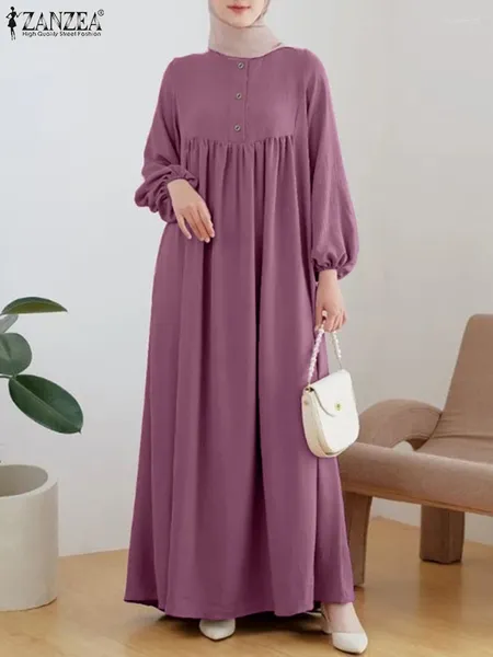 Vêtements ethniques ZANZEA Automne Mode Musulman Robe Puff Manches O-Cou Maxi Sundress Casual Turquie Hijab Robes Élégant Parti Solide Robe