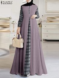 Etnische kleding ZANZEA Casual raster patchwork moslim jurk herfst vintage maxi gewaad lange mouw O-hals zonnejurk mode Eid Mubarek vestidos