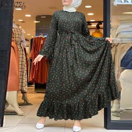 Ropa étnica ZANZEA Dubai Turquía Abaya Hijab Vestido Vintage Floral Impreso Maxi Vestido Mujer Ropa islámica Manga larga Volantes Vestido de tirantes 230224