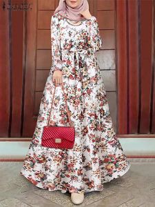 Vêtements ethniques ZANZEA Élégant Floral Musulman Robe Femmes Imprimé Sundress Kaftan Turquie Abaya Hijab Robes Ceinture Femme Robe Islam Vêtements 230325