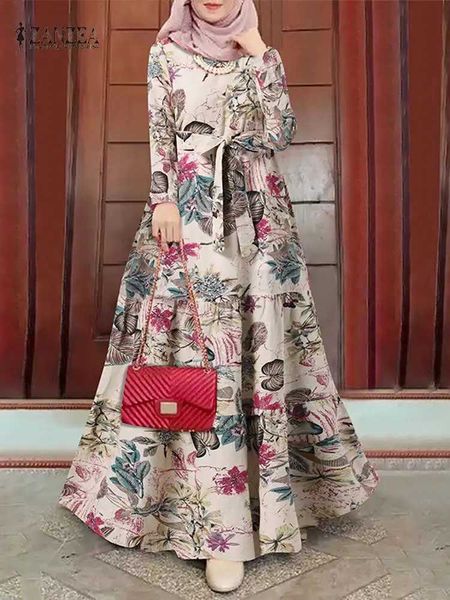 Vêtements ethniques Zanzea Fashion Flroal Robe musulmane imprimée automne Turquie Abaya Hijab Sundress Femmes Long Slve Maxi Robe Femme Elegant Vestidos T240510