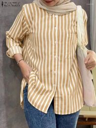 Etnische kleding ZANZEA Mode Revers Hals Gestreept Shirt Dames Lente Vakantie Blouse Casual Dubai Turkije Blusas Losse Ramadan