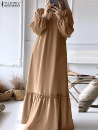 Ropa étnica Zanzea Moda Ruffles Hem Vestido musulmán Mujer Manga larga Color Sólido Maxi Robe Elegante Turquía Hijab Vestidos Islámicos