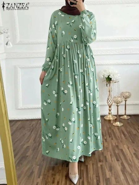 Vêtements ethniques ZANZEA Mode Femmes Floral Imprimé Robe musulmane Automne Manches longues Vintage Vacances Sundress Dubaï Turquie Abaya Hijab