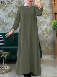 Vêtements ethniques ZANZEA Solid Muslim Fashion Robe Femmes O-Cou À Manches Longues Sundress Élégant Vintage Robe Turc Abaya Kaftan Isamic