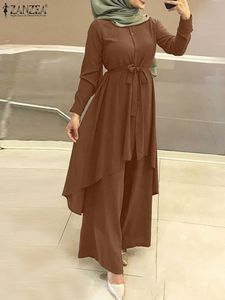 Etnische kleding Zanzea Tweede stuk sets dames outfitfules mode revers nek lange mouw shirt pants sets moslim breedbeen broek islamitische pakken 230222