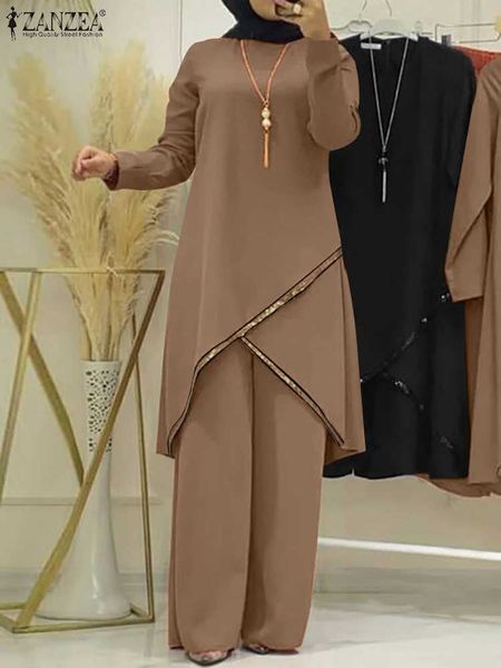 Vêtements ethniques zanzea femmes Fashion Matching sets sequins musulmans Vintage Islamic Clothing Long Slve Blouse Abaya costume Urban Tracksuit 2PCS T240510