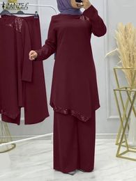 Vêtements ethniques ZANZEA Femmes Ramadan Musulman Matching Ensembles 2PCS Vintage Sequin Blouse à manches longues Pantalons Costumes Mode Dubaï Turquie Islamique