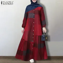 Etnische Kleding ZANZEA Vrouwen Vintage Moslim Jurk 2024 Lente Print Maxi Vestidos Casual Katoenen Knoop Zonnejurk Lange Mouw Abaya Oversize