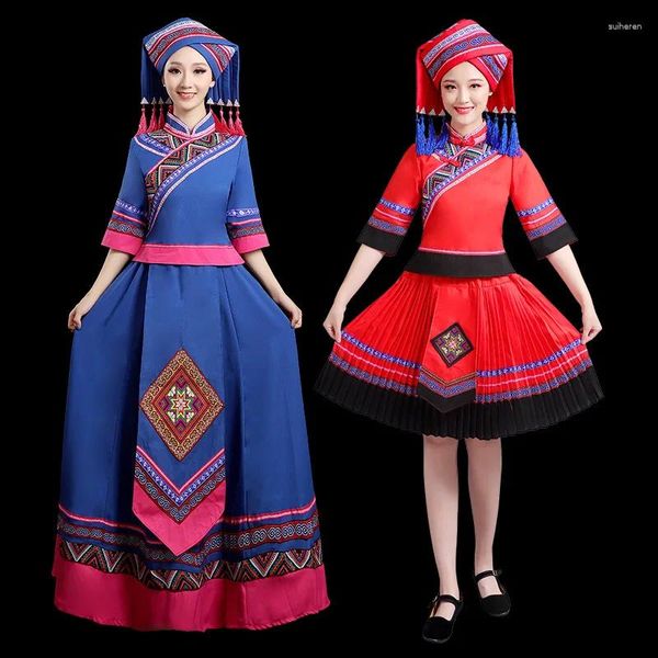 Ropa étnica Traje de Zhuang Traje de mujer Estilo minoritario Danza Rendimiento Guangxi Adulto Etapa Falda corta larga