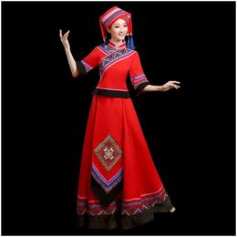 Vêtements ethniques Zhuang Costume Costume Femme Costume de style minoritaire Performance de danse Guangxi Adt Stage Longue Jupe Courte Drop Livraison Vêtements Dhvyd