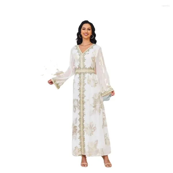 Ropa étnica Zigui Modest Musulmán Marroquí Jalabiya Dubai Vestidos blancos Mujer Fiesta de boda Estampado Flor Gasa Árabe para mujeres