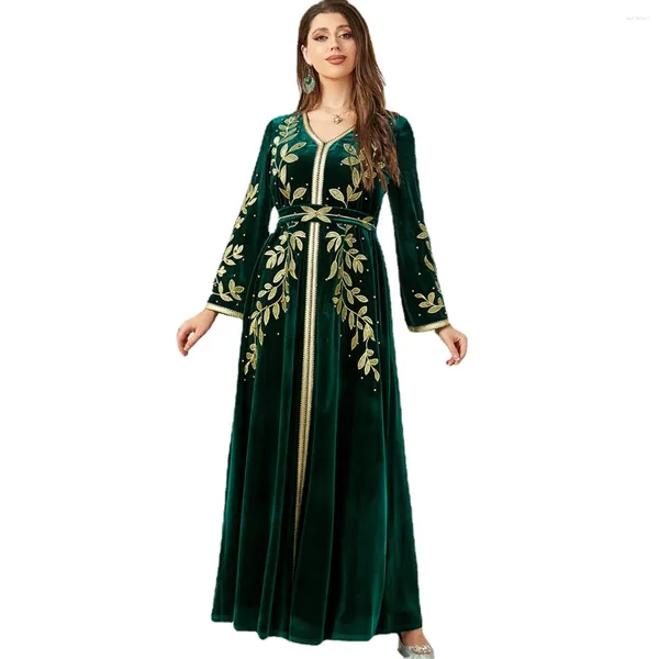 Ropa étnica Zigui Vestido de fiesta musulmán Mujeres Arabia Saudita Lujo Dubai Kaftan Abaya Hoja Bordado Boda Noche Terciopelo verde oscuro