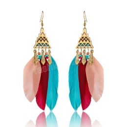 Pendientes largos de plumas triangulares de colores étnicos Oorbellen, pendientes colgantes de borla de aleación de verano bohemios para mujer, joyería de boda para novia