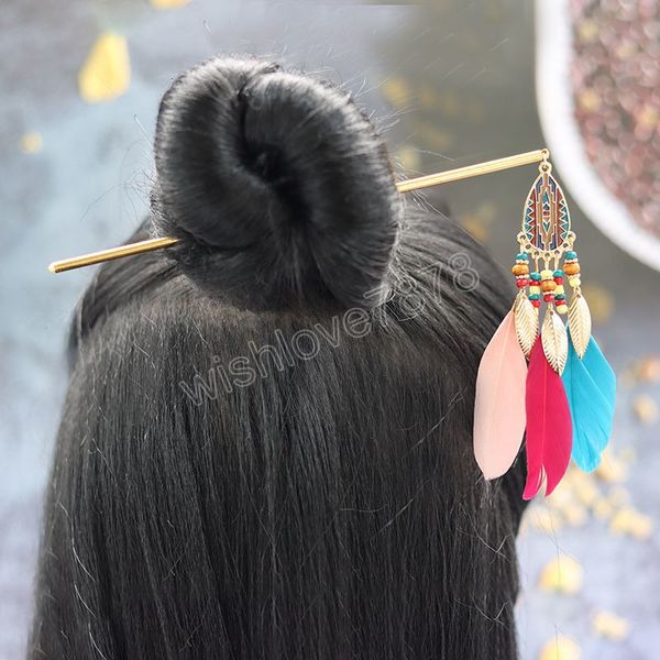 Horquillas con colgante de borla de plumas coloridas étnicas, palillos para el pelo bohemios Vintage para mujer, accesorios para el cabello de joyería nupcial