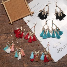 Boucles d'oreilles ethniques en forme d'éventail pour femmes, style bohémien, couleur or, feuille en soie, bijoux de fête