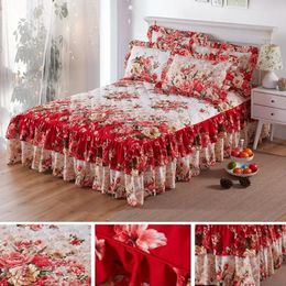Motif de fleurs ethniques Polyester jupe de lit à volants draps de literie reine roi literie couvre-lit maison romantique décor de mariage 231227