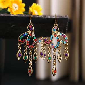 Ethnic Gold Color Alloy Wave Blue Beads Dangle Earrings For Women Jewelry Vintage Rhinestones Earrings Bijoux