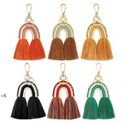Porte-clés ethniques en macramé faits à la main pour femmes, accessoires de sacs, bijoux Boho arc-en-ciel tissé en coton à franges, cadeau BBB14979