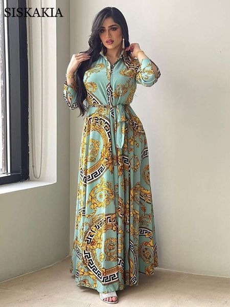 Robe Maxi à imprimé ethnique pour femmes, chemise à revers à simple boutonnage, dubaï, turquie, arabe, Oman, vêtements du moyen-orient, nouvelle collection 2021