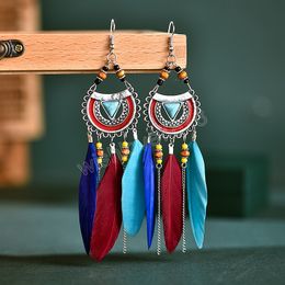 Boucles d'oreilles ethniques plumes rouges bijoux indiens bohème en forme d'éventail bois/pierre perles gland boucles d'oreilles pendantes pour femmes Brincos