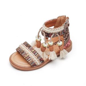 Etnische retro kinderen mode casual schoenen kwastjes terug zipper zomer ademende meisjes sandalen kinderen patroon gladiator 240319