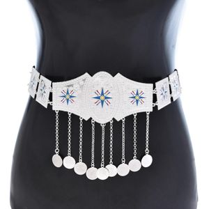 Ethnique en alliage d'argent motif coloré chaînes de taille du ventre longue pièce de monnaie gland rouge bleu perles acryliques pour les femmes fête cadeau danse 240119