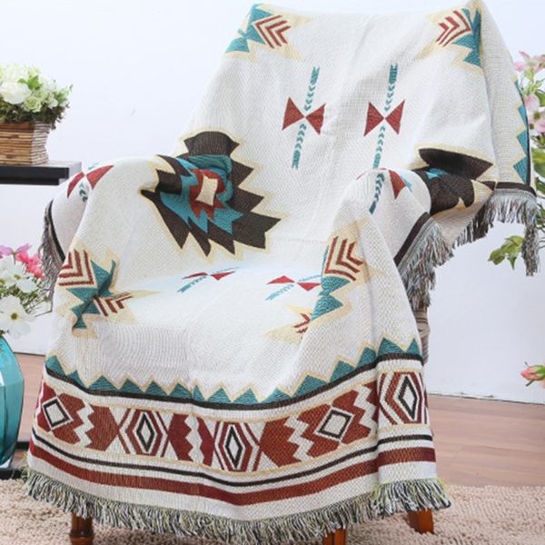 Couverture de canapé légère de printemps et d'automne en coton doux et chaud de loisirs géométriques de style ethnique