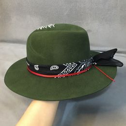 Style et ethnique Green Wide Brim Fedora 100% Wool Women Feel Chapeaux Panama Hat avec ruban turban Crushabley Porkpie Style278l
