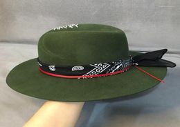 Style et ethnique Green Wide Brim Fedora Hat 100 Wool Women Feel Chapeaux Panama Hat avec ruban turban Crushabley Porkpie Style12812083