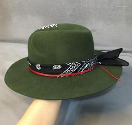 Style ethnique Green Wide Brim Fedora Hat 100 Wool Women Feel Chapeaux Panama Hat avec ruban turban Crushabley Porkpie Style12058171