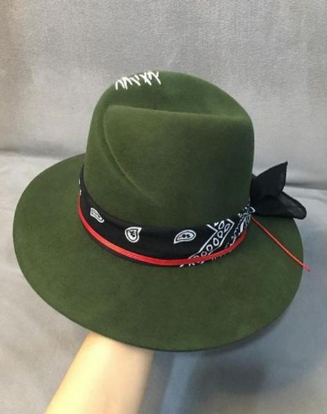 Style et ethnique Green Wide Brim Fedora 100 Femmes en laine Chapeaux de feutre Panama avec ruban turban Crushabley Porkpie Style7173682