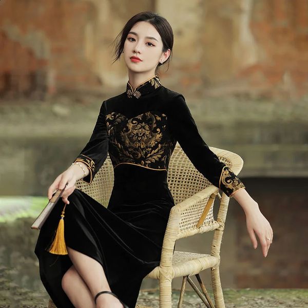 Style ethnique Harajuku moderne Qipao noir traditionnel Vintage élégant mince Cheongsam améliorer les femmes robe chinoise Femme 240131