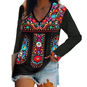 Style ethnique Tshirts floraux mexicains boho 3d imprimé femmes à manches longues vneck t-shirt surdimensionné harajuku femme tops tees vêtements 240412