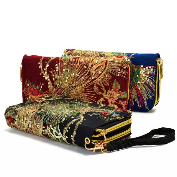 Portefeuille de Style ethnique, broderie Double face, caractéristiques paon, longue fermeture éclair, changement de main, sac pour téléphone portable