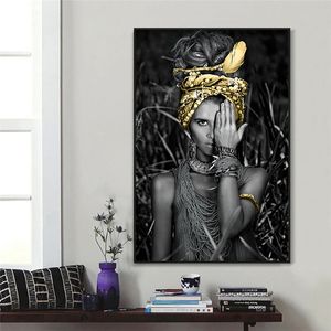 Femme ethnique Femme Art Picture Print toile Peinture Affiches de figure en noir et blanc et imprimés Décor de salon moderne