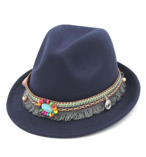 Borla étnica Otoño Invierno Fedora Trilby Cap Gangster Cap Unisex Mezcla de lana Caballero Jazz Hat2211900