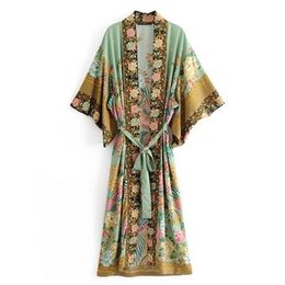 Ethnique V Cou Paon Fleur Imprimé Kimono Chemise Bohème Laçage Avec Ceintures Long Cardigan Lâche Blouse Tops Q190517