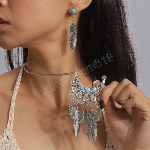 Ethnique Vintage plume pendentif colliers boucles d'oreilles ensembles de bijoux pour femmes bohème Turquoises bleu pierre collier ensembles