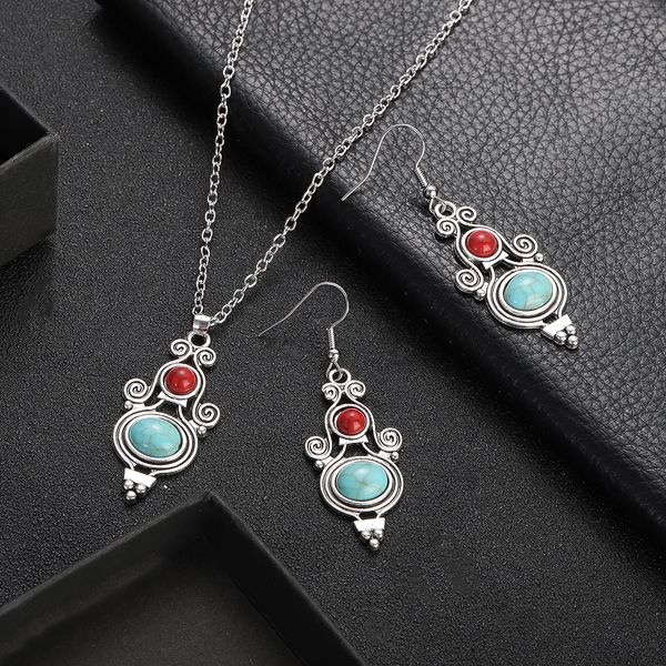 Ethnique vintage rouge bleu turquoises enrôle la boucle d'oreille ensemble les filles couleurs argentées couleurs géométriques bijoux coho fête bijoux cadeau