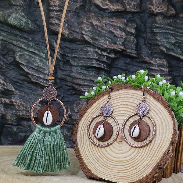 Ethnique vintage rond en bois long challe de chaîne de chair de poule Femme Femme Shell Pendante Femme Jewelry Set ACCESSOIRES CONDANT