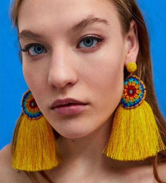 Ethnic Vintage Jaune Long Tassel Boucles d'oreilles Femme Femelle MAXI Coton Wool Fil Bohe Big Flower Beads Boucles d'oreilles pour femmes Jewel7213360